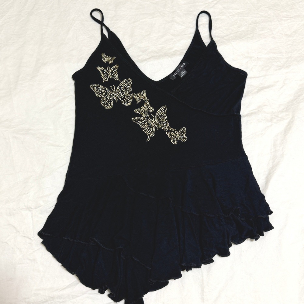 Silence‎ & Noise Black Butterfly Ruffle Cami Top Medium Fairy Grunge Babydoll